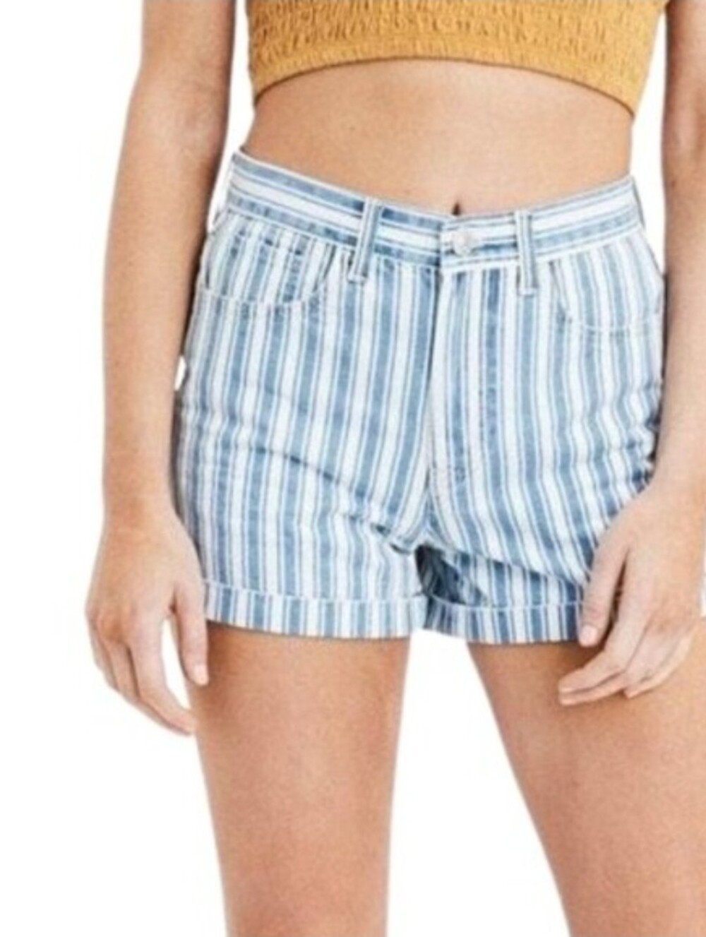American Eagle High Rise Mom Short  Blue & White Striped Rolled Cuff Womens 6